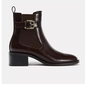 Zara NWT rich brown Chelsea ankle buckle boot with side elastic size 41 or 10